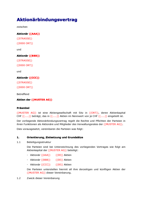 Muster Aktionärbindungsvertrag mit Stimmbindungsklausel