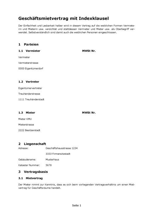 Muster Mietvertrag Geschäftsmiete Vorschau