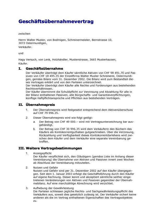Muster Geschaftsubernahmevertrag Mustervertrag Schweiz Mustervertrage Mustervorlage Vertragsservice Ch